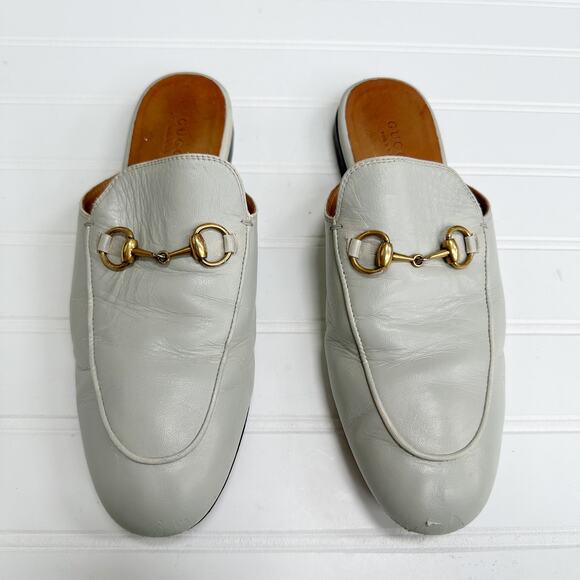 Gucci Princetown Loafer Mules Gray Bone Leather Flats Gold Horsebit Buckle 37.5 - Picture 8 of 8